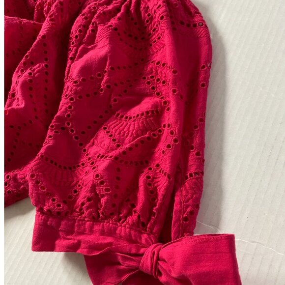 Sundance Women's Hot Pink Eyelet Blouse with Tie Sleeves Peasant Cottagecore - Picture 8 of 8